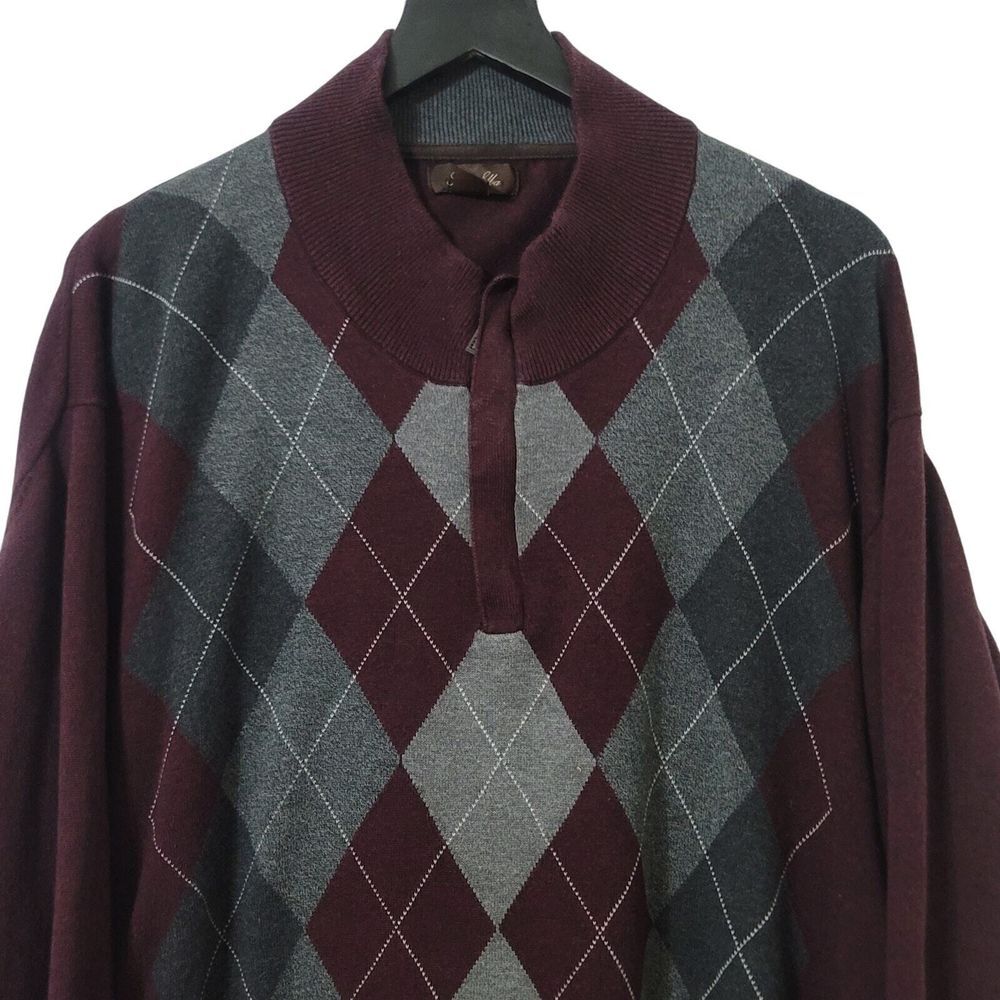 Tasso Elba Argyle‎ Sweater 2XB Burgundy Gray 1/4 Zip Pullover Academic Preppy